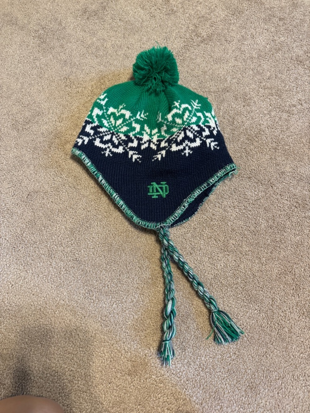 Notre Dame Green and Navy Knit Pom Earflap Hat with Tassels